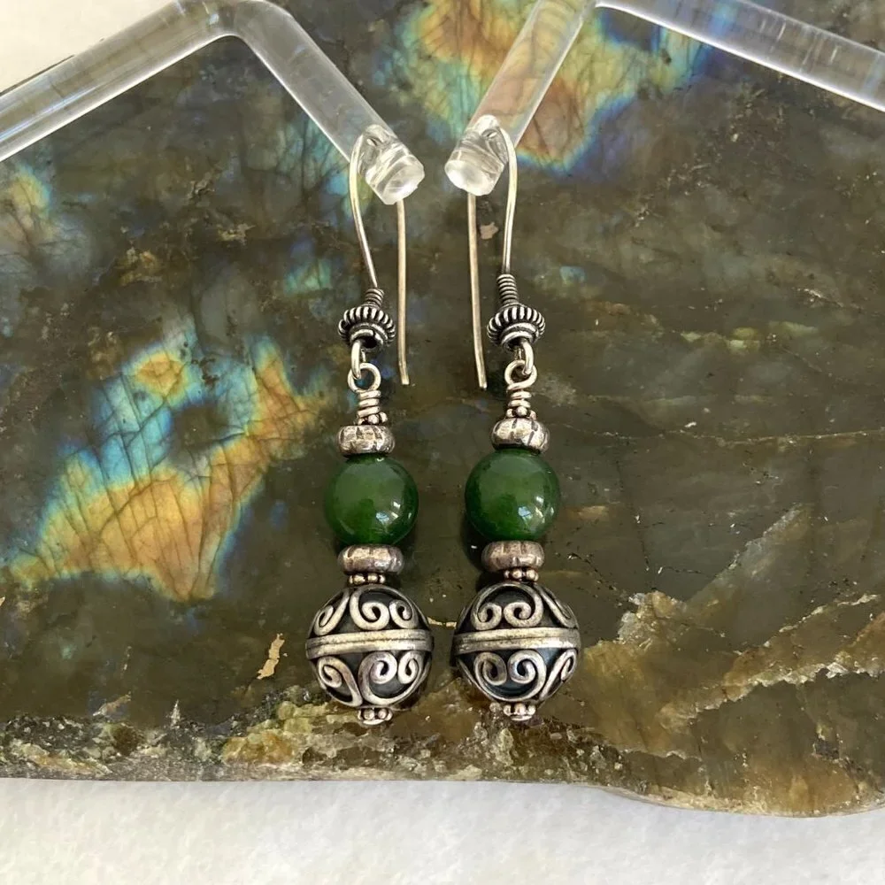 Sterling Silver 925 Round Beaded Nephrite Oxidized Scrollwork Dangle Earrings